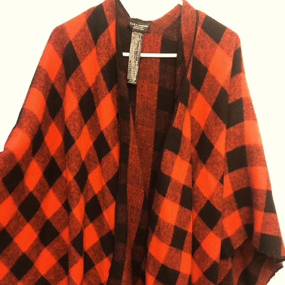 Zara plaid red poncho - cozy for outdoor nights by the fire pit and into fall - Picture 2 of 8